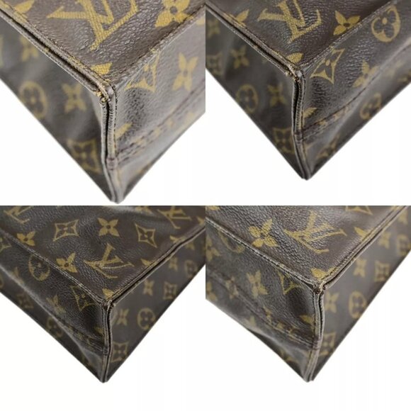 LOUIS VUITTON Logo Sac Plat Hand Tote Bag Monogram Leather Brown - Picture 7 of 14